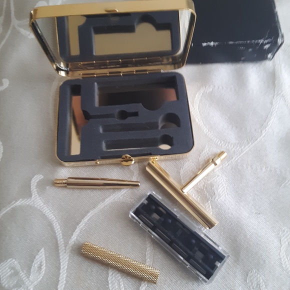 Travel Gold Plated Shaver Razor w Compact & Mirror  NEW - Picture 6 of 10